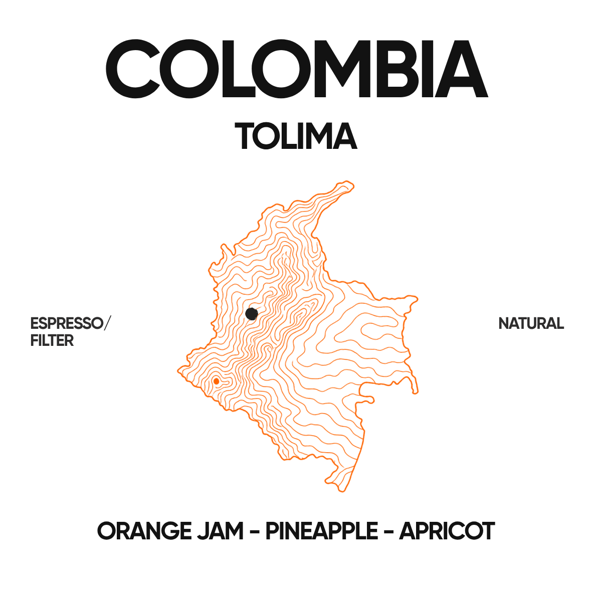 Colombia Tolima filter and espresso coffee label with orange jam, pineapple and apricot notes