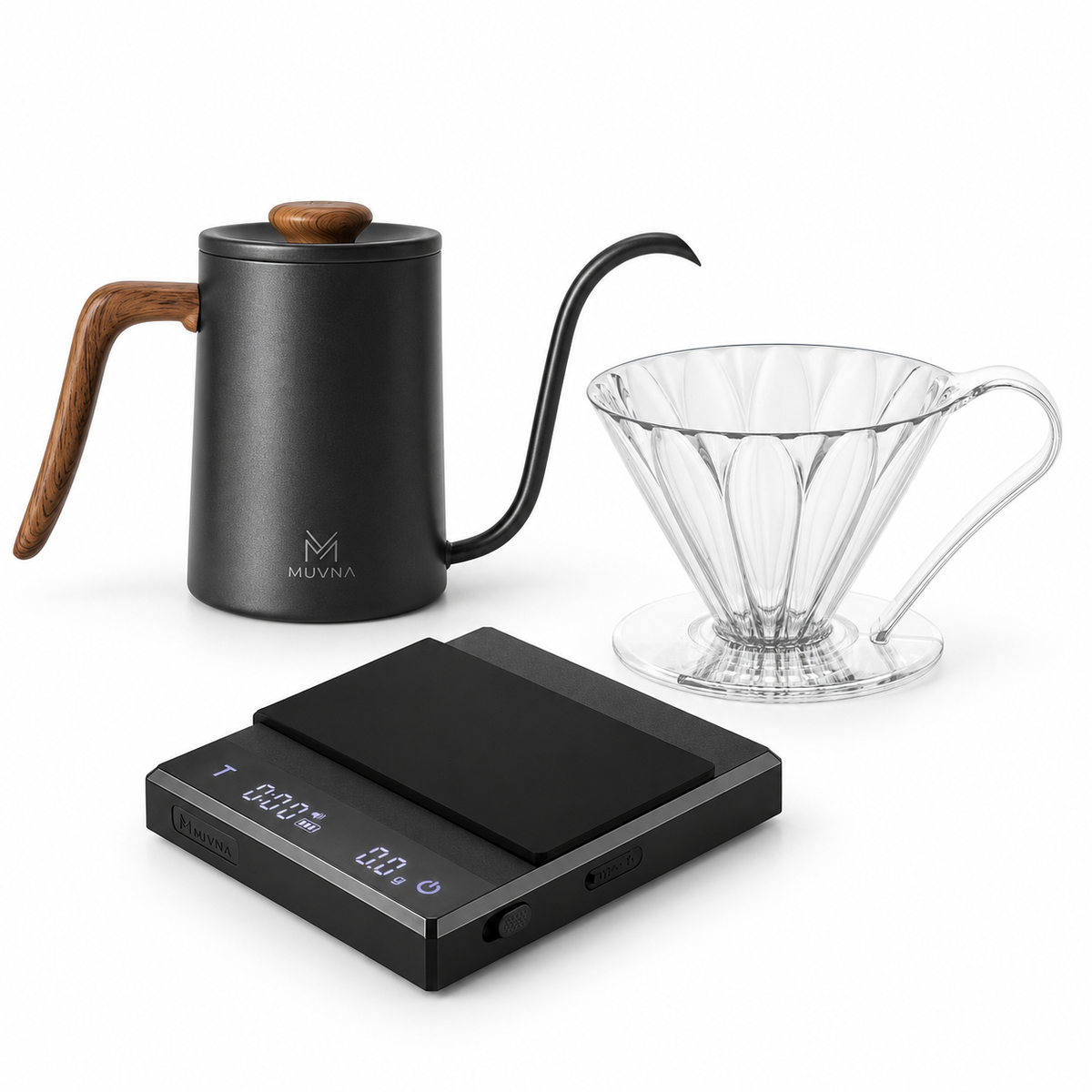Pour-Over Essentials bundle: black MUVNA 600 ml gooseneck kettle, clear Cafec Flower 4-cup dripper and black MUVNA Psyche scale | باقة أساسيات التحضير بالتقطير: إبريق موفنا أسود 600 مل، قطّارة كافيك فلاور شفافة 4 أكواب وميزان موفنا سايكي أسود